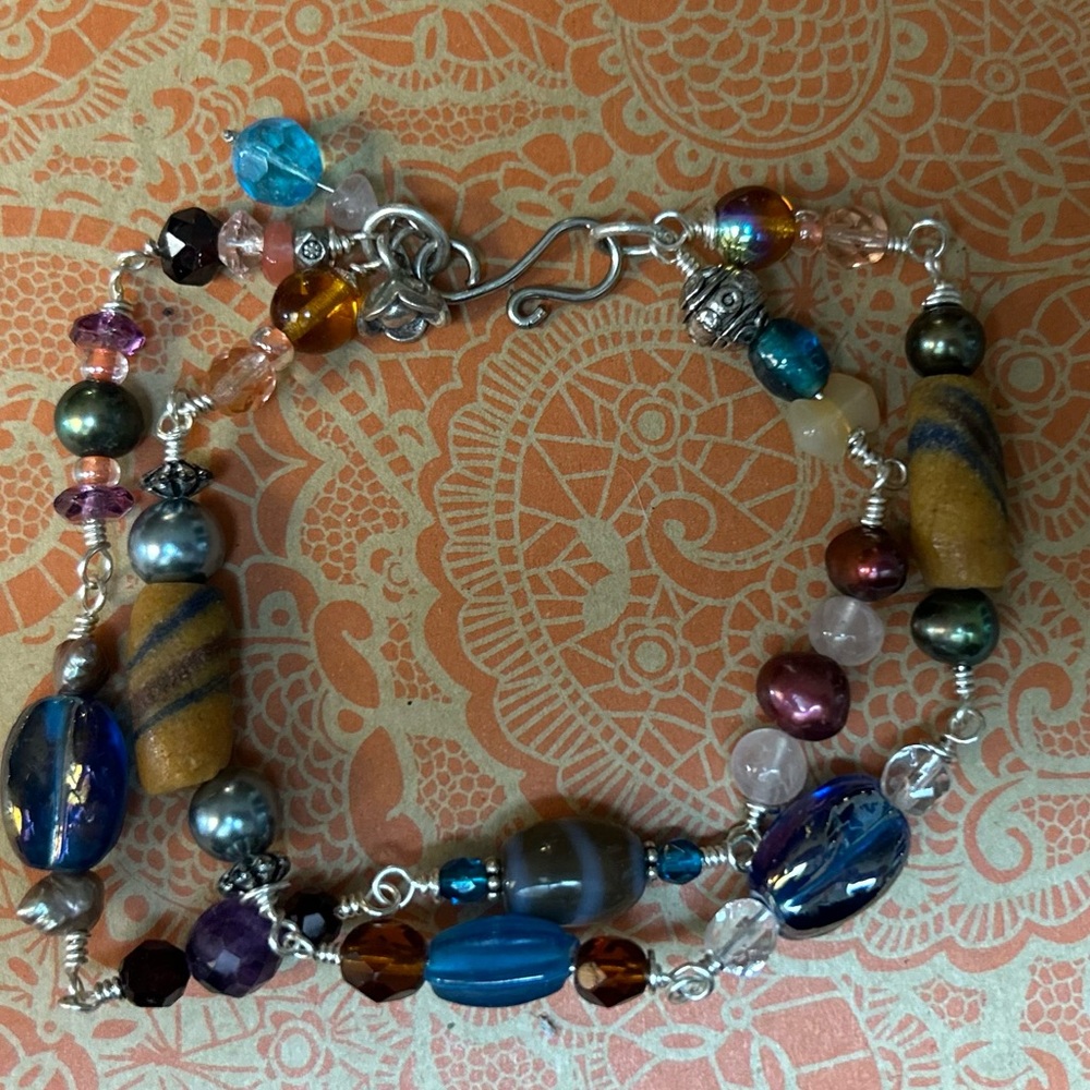 Beaded Bracelet Double Strand with glass and crystal beads